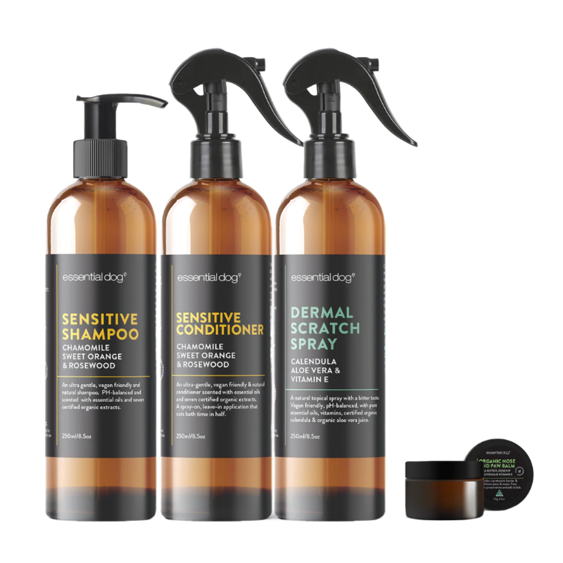 Essential Dog Sensitive Skin Itch Pack: Shampoo Conditioner Dermal Scratch Spray & Paw Balm Dog Grooming