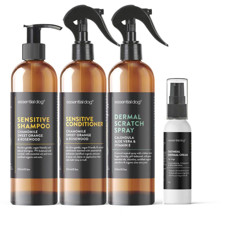 Essential Dog Sensitive Skin Itch Pack: Shampoo Conditioner Dermal Scratch Spray & Cream Dog Grooming