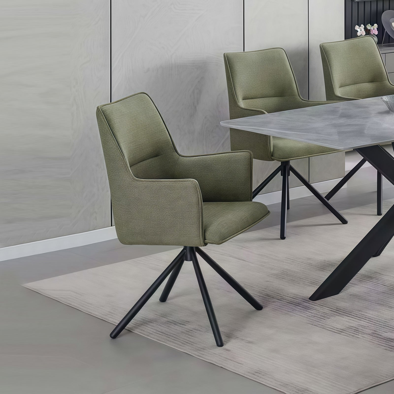 Dining Chair Green Linen Fabric Upholstered Seat Powder Coated Iron Legs Dining Chairs