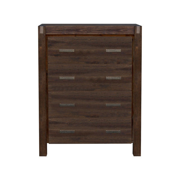 4 Pieces Bedroom Suite In Solid Wood Veneered Acacia Construction Timber Slat Double Size Chocolate Colour Bedside Table & Tallboy Dressers & Chests O
