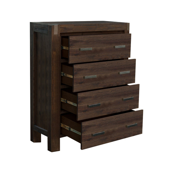4 Pieces Bedroom Suite In Solid Wood Veneered Acacia Construction Timber Slat Double Size Chocolate Colour Bedside Table & Tallboy Dressers & Chests O