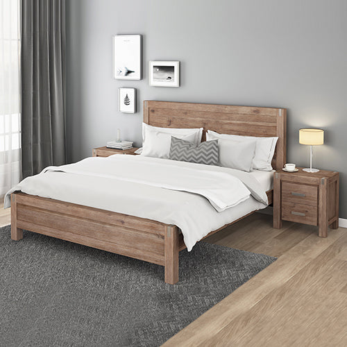 5 Pieces Bedroom Suite In Solid Wood Veneered Acacia Construction Timber Slat King Size Oak Colour Bedside Table Tallboy & Dresser Dressers & Chests O