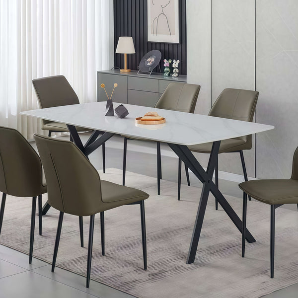 Dining Table Rectangular Shape White Sintered Stone Top Powder Coated Iron Legs Dining Tables