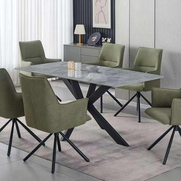 Dining Table Rectangular Shape Grey Sintered Stone Top Powder Coated Iron Legs Dining Tables