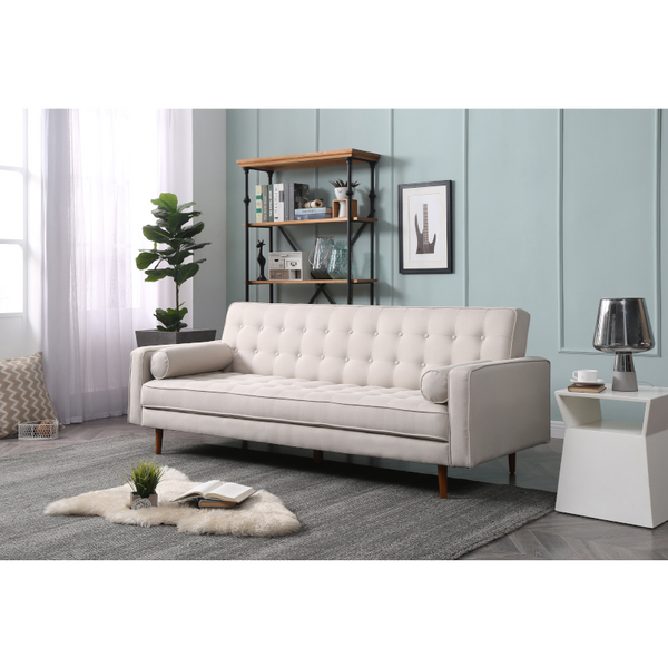 Sofa Bed 3 Seater Button Tufted Lounge Set For Living Room Couch In Fabric Beige Colour Sofa Beds