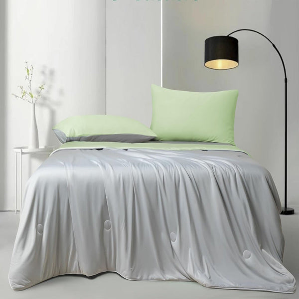 Ice Cooling Reversible Summer Comforter Blanket (Green And Grey Single/Double) Blankets