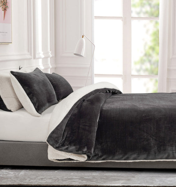 Gioia Casa 2 In 1 Teddy Sherpa Quilt Cover Set (Charcoal Double) Quilt Covers
