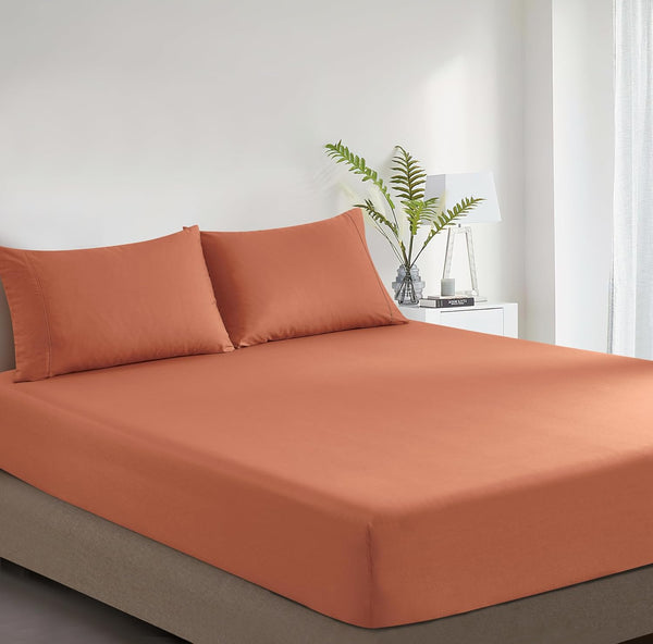 100% Washed Cotton Fitted Sheet Combo Set A Natural Ultra Soft & Breathable Includes Pillowcases Machine Washable (Brick Queen) Sheets