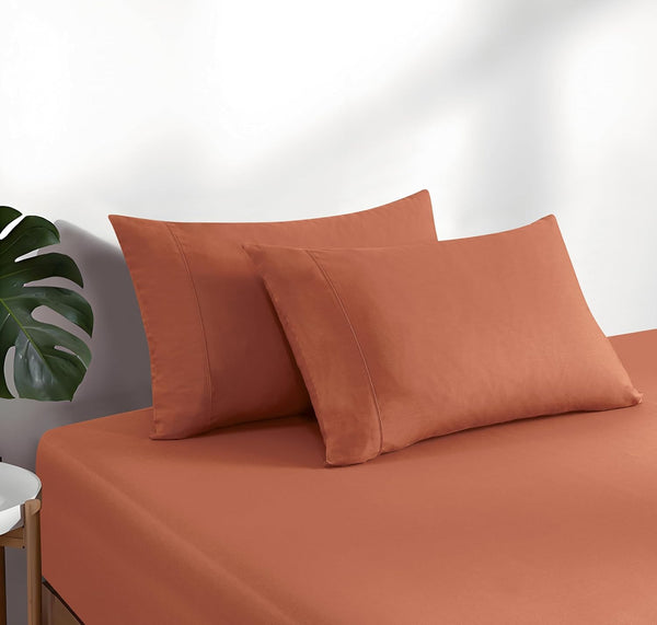 100% Washed Cotton Fitted Sheet Combo Set A Natural Ultra Soft & Breathable Includes Pillowcases Machine Washable (Brick Queen) Sheets