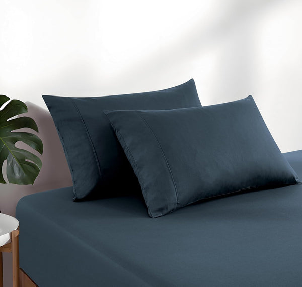 100% Washed Cotton Fitted Sheet Combo Set A Natural Ultra Soft & Breathable Includes Pillowcases Machine Washable (Indigo Queen) Sheets
