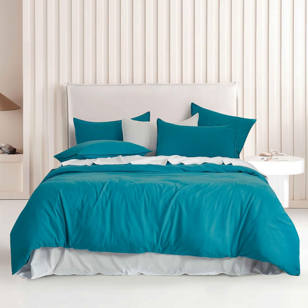 Cleverpolly Washed Microfibre Quilt Cover Set (Teal Queen) Quilt Covers