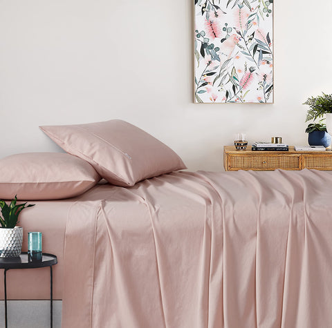 Washed 100% Cotton Sheet Set With 2 Pillowcases Pink Queen Size Sheets