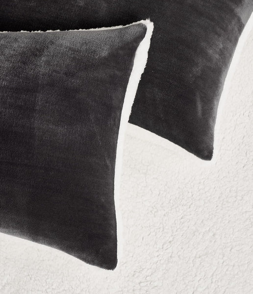 Teddy Sherpa Twin Pack European Pillowcases Soft Reversible Velvet & Cushion Covers Machine Washable With Zipper Closure 65X65cm Charcoal Pillow Cases