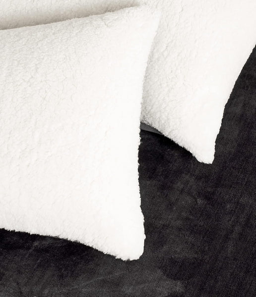 Teddy Sherpa Twin Pack European Pillowcases Soft Reversible Velvet & Cushion Covers Machine Washable With Zipper Closure 65X65cm Charcoal Pillow Cases