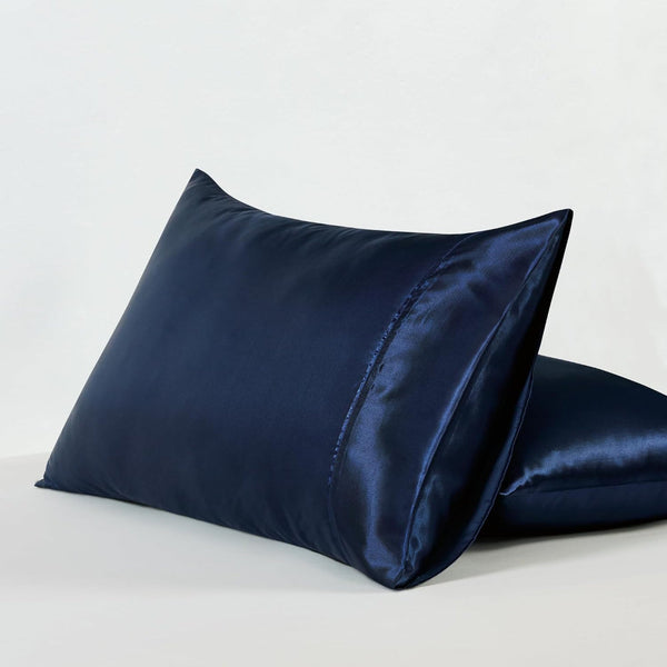 Satin Pillowcases Silky Soft Polyester With Zipper Closure Navy Blue 48Cm X 73Cm (Twin Pack) Pillow Cases