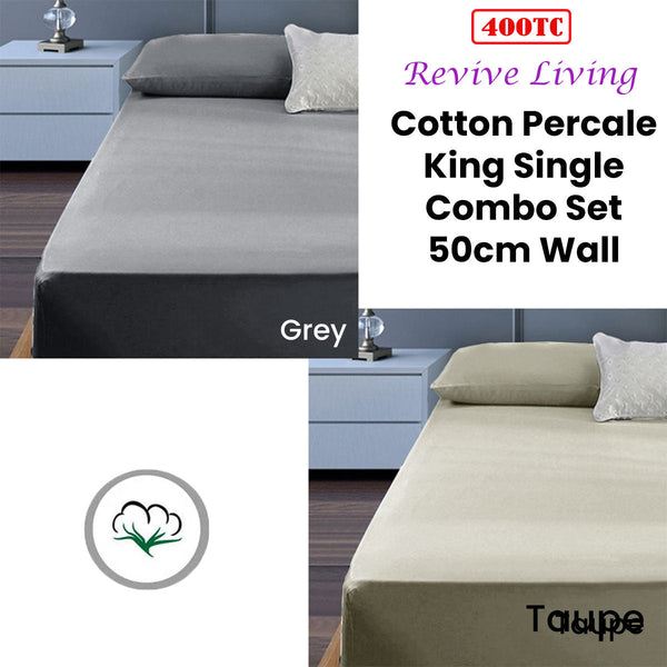 Sheets Assorted Brands 400Tc Cotton Percale King Single Combo Set 50Cm Wall Grey