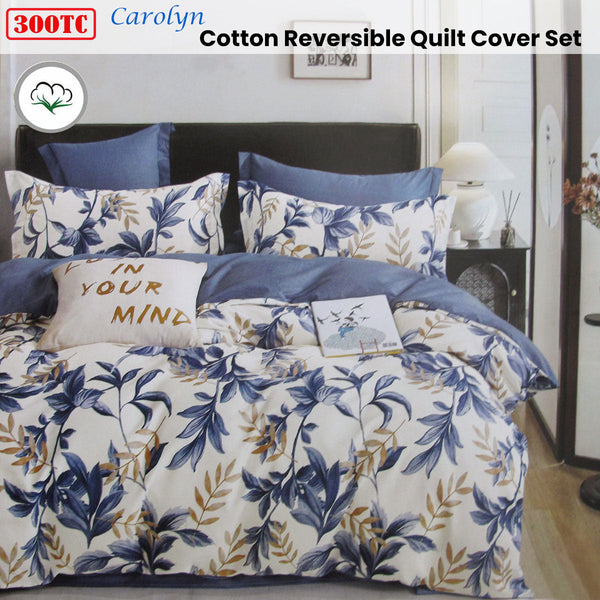 Revive 300Tc Carolyn Blue Reversible Cotton Quilt Cover Set King Quilt Covers