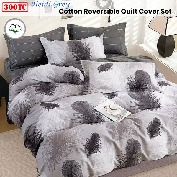 Revive 300Tc Heidi Grey Reversible Cotton Quilt Cover Set King Quilt Covers