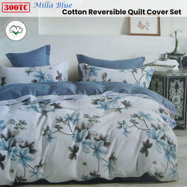Revive 300Tc Milla Blue Reversible Cotton Quilt Cover Set Queen Quilt Covers
