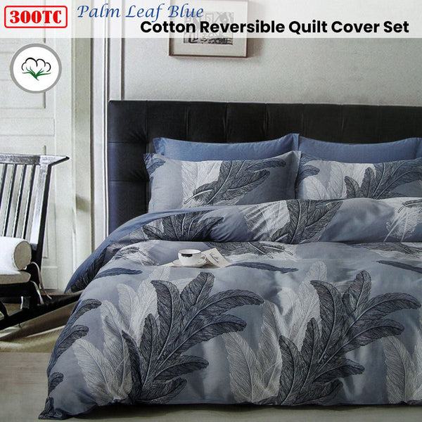 Revive 300Tc Palm Leaf Blue Reversible Cotton Quilt Cover Set Queen Quilt Covers