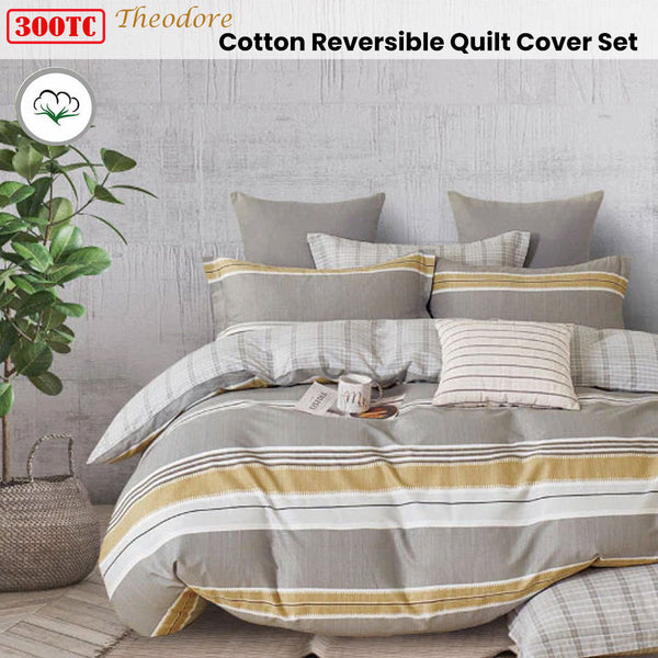 Revive 300Tc Theodore Grey Reversible Cotton Quilt Cover Set King Quilt Covers