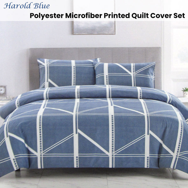 Artex Harold Blue Quilt Cover Set Geometric Pattern Reversible Printed Microfiber Polyester Quilt Covers
