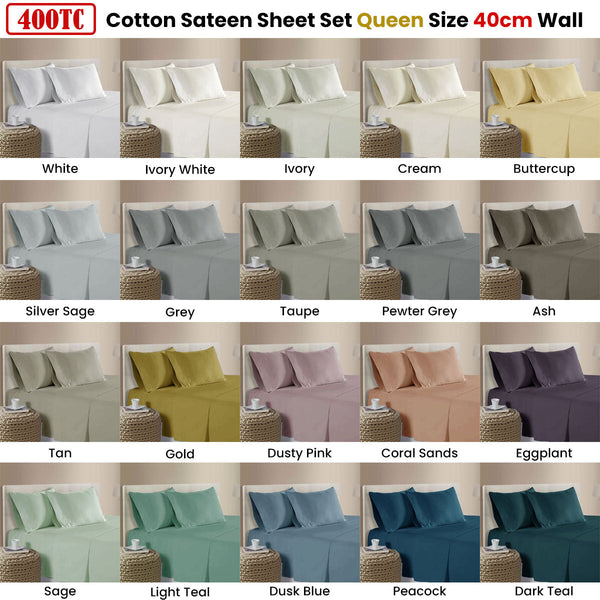 400Tc 100% Cotton Sateen Premium Sheet Set 40Cm Wall Grey Queen Sheets