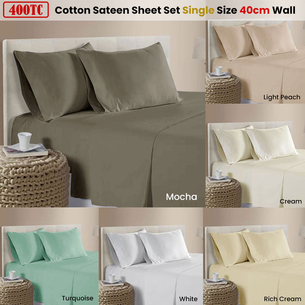 400Tc 100% Cotton Sateen Premium Sheet Set 40Cm Wall Mocha Single Sheets
