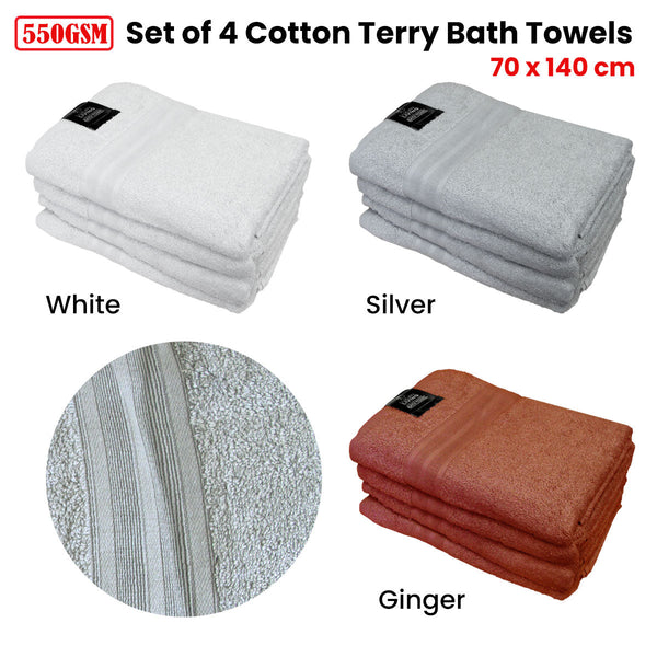 550Gsm Set Of 4 100% Cotton Terry Bath Towels 70 X 140 Cm White Towels & Washcloths