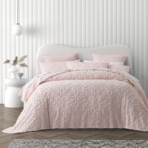 Bianca Ella Blush Cotton Chenille Floral Bedspread Set Double Bed Quilts