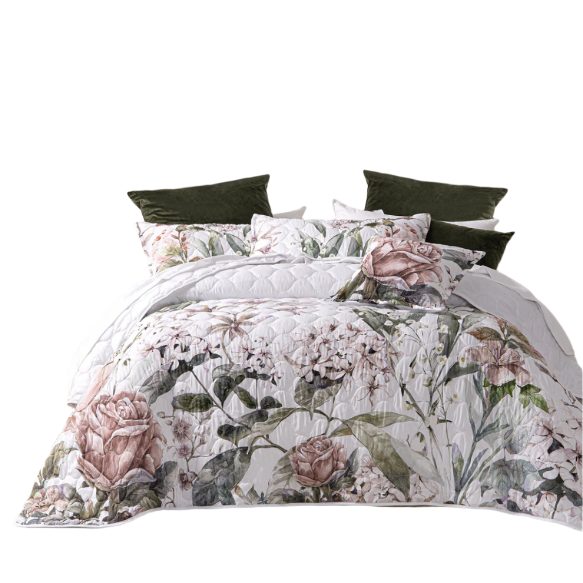 Bianca Lorna White Floral Printed Quilted Bedspread Set King King Doonas
