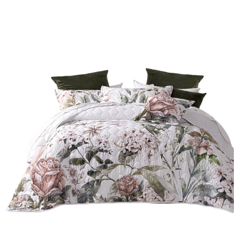 Bianca Lorna White Floral Printed Quilted Bedspread Set Queen Queen Doonas