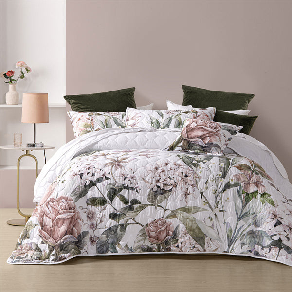 Bianca Lorna White Floral Printed Quilted Bedspread Set King King Doonas
