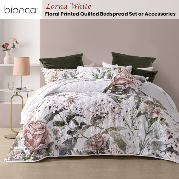 Bianca Lorna White Floral Printed Quilted Bedspread Set King King Doonas