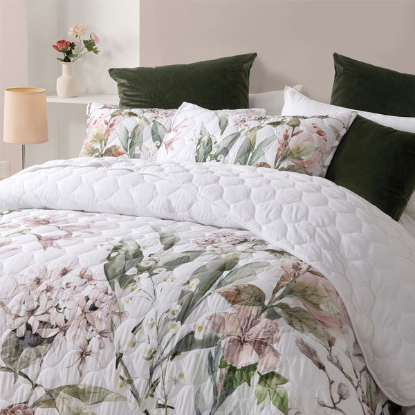 Bianca Lorna White Floral Printed Quilted Bedspread Set King King Doonas