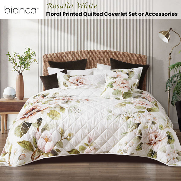Bianca Rosalia White Floral Printed Quilted Polyester Coverlet Set Queen/King Quilt Covers