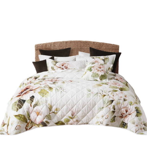 Bianca Rosalia White Floral Printed Quilted Polyester Coverlet Set Super King Quilt Covers