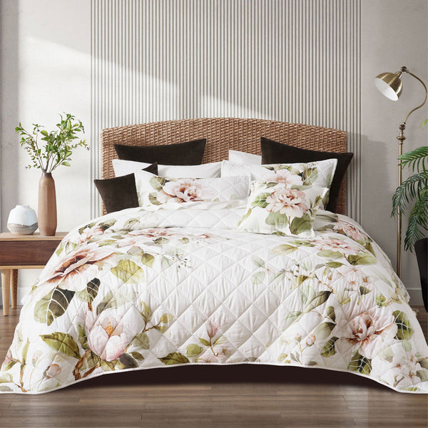 Bianca Rosalia White Floral Printed Quilted Polyester Coverlet Set Super King Quilt Covers