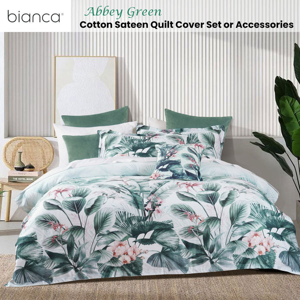 Bianca Abbey Green Cotton Sateen Tropical Floral Quilt Cover Set Double Quilt Covers