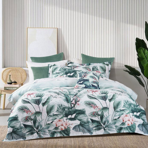 Bianca Abbey Green Cotton Sateen Tropical Floral Quilt Cover Set Double Quilt Covers