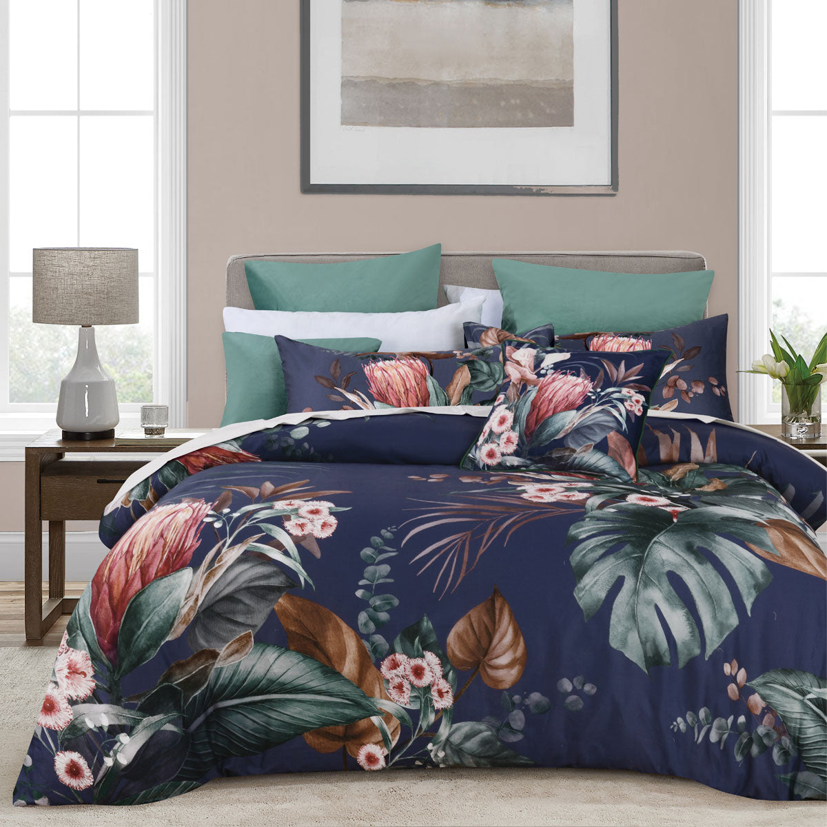 Bianca Balwyn Navy Cotton Sateen Botanical Quilt Cover Set Queen Quilt Covers
