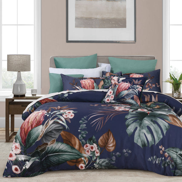 Bianca Balwyn Navy Cotton Sateen Botanical Quilt Cover Set Queen Quilt Covers