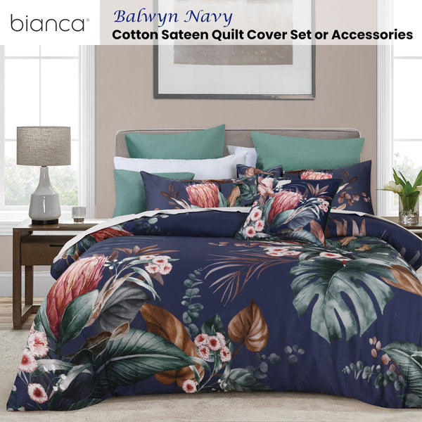 Bianca Balwyn Navy Cotton Sateen Botanical Quilt Cover Set Queen Quilt Covers