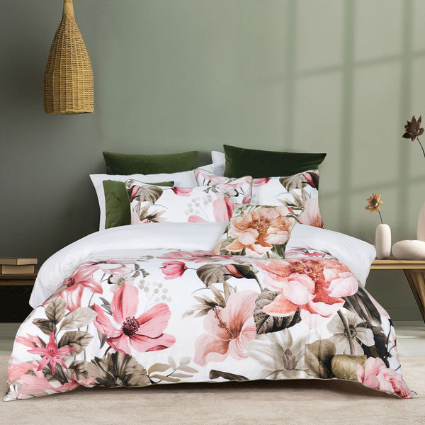 Bianca Eliana White Floral Printed Cotton Sateen Quilt Cover Set King Doonas