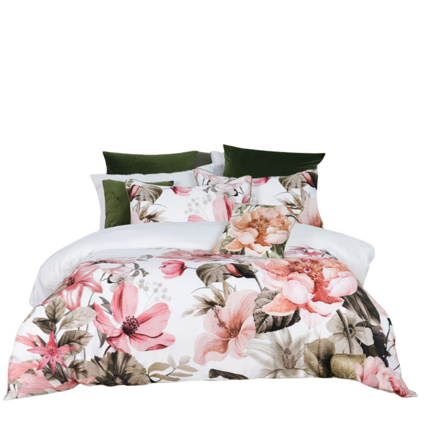 Bianca Eliana White Floral Printed Cotton Sateen Quilt Cover Set King Doonas