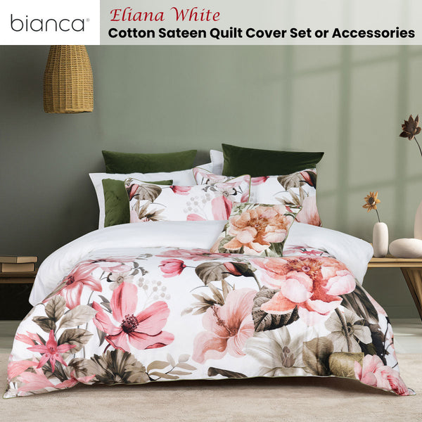 Bianca Eliana White Floral Printed Cotton Sateen Quilt Cover Set King Doonas