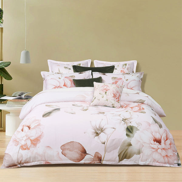 Bianca Layla White Floral Printed Cotton Sateen Quilt Cover Set King Doonas