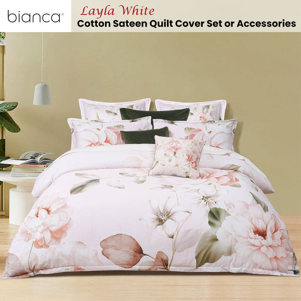 Bianca Layla White Floral Printed Cotton Sateen Quilt Cover Set King Doonas