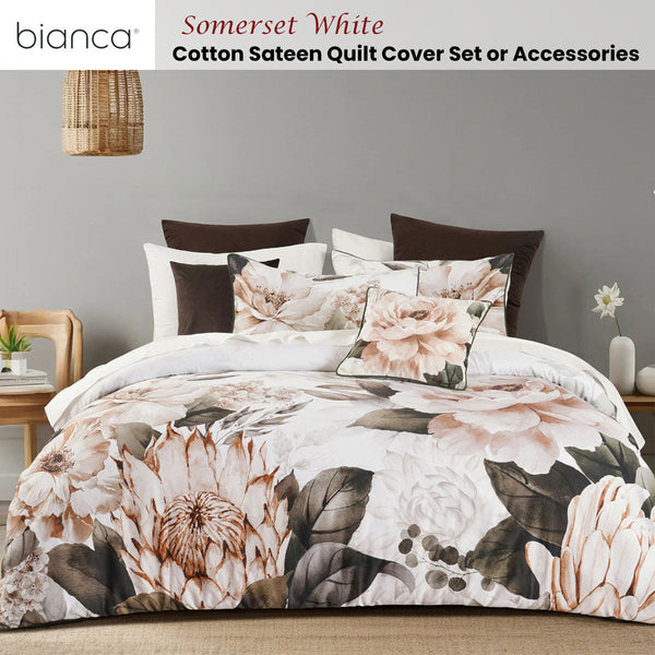 Bianca Somerset White Cotton Sateen Floral Quilt Cover Set Double Quilt Covers