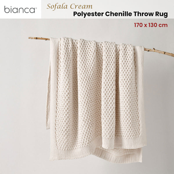 Bianca Sofala Cream Polyester Chenille Throw Rug 130 X 170 Cm Throws & Afghans